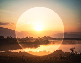 Serene landscape with sunrise over a misty lake and distant mountains.