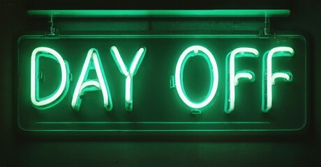Obraz premium Bright green neon sign displays DAY OFF. Dark background emphasizes glowing text. Simple, direct message conveys relaxation, leisure.