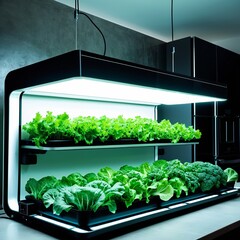A stylish indoor hydroponic system with LED lighting, showcasing fresh leafy greens.