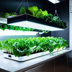 A sophisticated indoor hydroponic setup featuring LED grow lights and lush green leafy vegetables, exemplifying advanced urban gardening techniques.