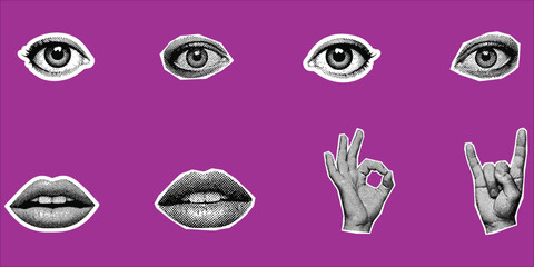 Set of pop art style eyes, lips, and hand gestures on bright purple background