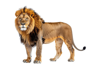 Obraz premium Majestic male african lion standing on white background with full mane and powerful stance