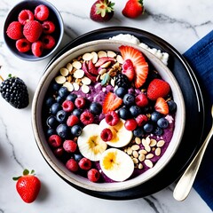 Top view of a colorful smoothie bowl with blueberries, strawberries, raspberries, blackberries, banana slices, and almonds on a marble surface.