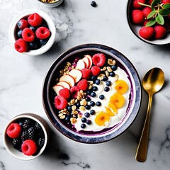 A vibrant bowl of yogurt topped with raspberries, blueberries, apple slices, and granola on a marble surface.