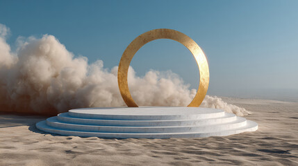 Abstract desert display with white podium and golden ring beneath dramatic clouded sky