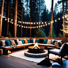 Inviting outdoor seating area with a warm fire pit, surrounded by string lights and tall trees, perfect for relaxation and cozy evenings.