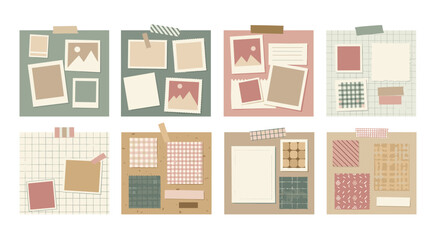 Fototapeta premium A collection of eight trendy mood board and scrapbook layouts featuring photo frames, note papers, and patterned swatches.