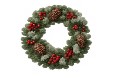 Christmas wreath decorating for holiday celebrations, hanging evergreen pine branch ring with red berries and cones, transparent background