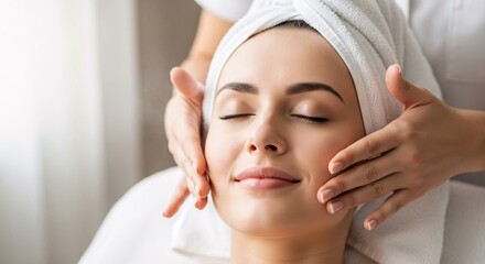 Relaxing woman receiving facial massage in spa setting with serene expression and soft natural lighting for wellness and skincare promotion