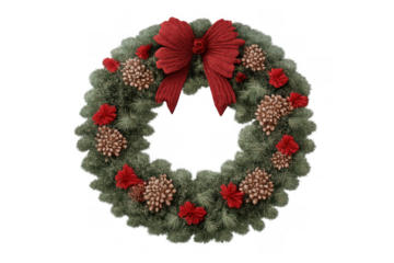 Christmas wreath with pine needles, red ribbon bow, and pine cones on a transparent background