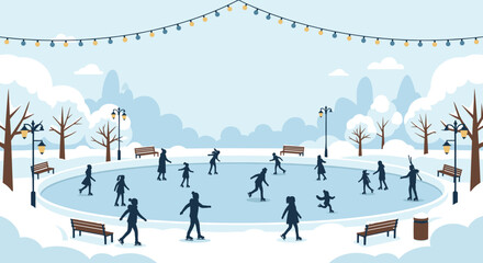 People skating on an outdoor ice rink in a snowy park during winter with benches, trees, and festive string lights.