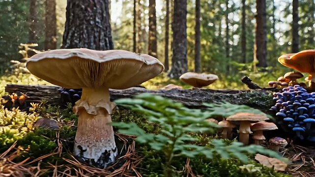 Enchanting Woodland Scene: Colorful Mushrooms Growing Amongst Moss and Fallen Logs in Forest