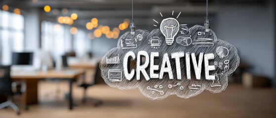 Creative concept icons floating as cloud over office desk, open-plan workspace background