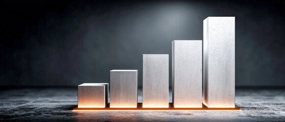Minimal glass bar chart sculpture on matte stone, finance data growth metaphor