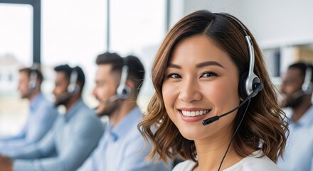 Friendly customer service representative wearing a headset smiling in a call center with colleagues working in the background professional support team assistance