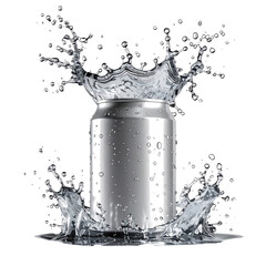 Silver can with dramatic water splash against black backdrop