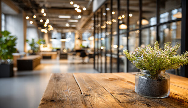 Inviting modern office meeting room with glass walls and green plants in foreground - Powered by Adobe