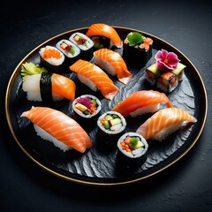 A beautifully arranged platter of assorted sushi featuring nigiri and sushi rolls, garnished with fresh ingredients and a decorative flower, served on a black slate plate.