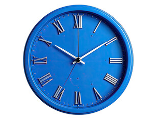 Vibrant blue clock with Roman numerals, hands pointing to the time