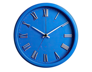 Vibrant blue clock with Roman numerals, hands pointing to the time