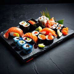 A diverse selection of sushi, including nigiri and rolls, artistically arranged on a stylish black slate platter. Vibrant ingredients create a visually appealing culinary presentation.