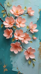Impasto oil painting: blush-pink flowers, 3D petals, palette-knife. Turquoise, cracked plaster. Warm light, coral blossoms. Elegant, romantic, serene. Impressionistic floral. Wallart, phone case.