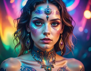 Woman with vibrant body art and jewelry in a colorful setting.
