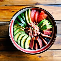 A vibrant poke bowl featuring tuna, sliced avocado, and vegetables, arranged beautifully in a ceramic bowl on a wooden table.