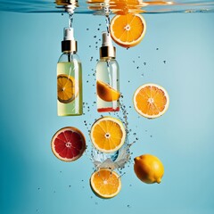 Two bottles with citrus fruits suspended in water, with vibrant splashes and bubbles against a blue background.