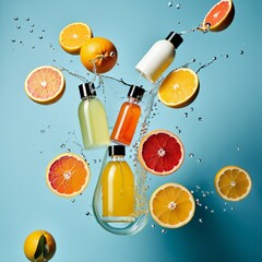 Vibrant bottles and citrus fruits splash into water against a blue background, showcasing freshness and energy.