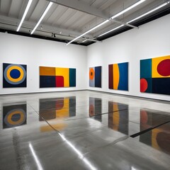 Interior of a modern art gallery featuring abstract geometric paintings with vibrant colors reflecting on a polished concrete floor.