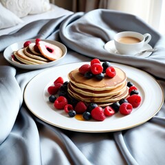 A stack of pancakes with raspberries and blueberries on elegant bed linens, accompanied by a cup of coffee and a bowl of sliced fruit.