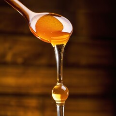 Close-up of golden honey drizzling from a wooden spoon, highlighting textures and rich amber hues against a warm, blurred background.