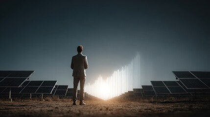 Businessman Observing Solar Panel Field with Rising Energy Graph Visualization