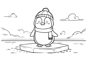 ISO A1 Horizontal Kids Coloring Page Featuring a Cute Penguin Waiting on a Single Ice Floe, Wearing a Beanie and Scarf in a Quiet Winter Scene, Clean Line EPS Vector Illustration