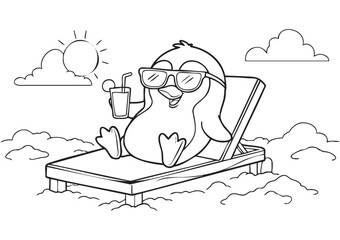A1 ISO Kids Coloring Page in Horizontal Format, Smiling Penguin Relaxing on a Deck Chair with Lemonade and Sunglasses, Snowy Winter Sunbathing Scene, Playful EPS Vector Line Art