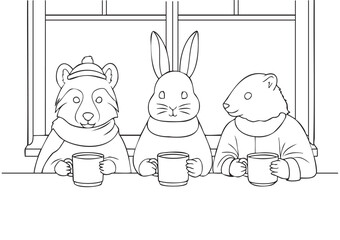 Horizontal Kids Coloring Page Scene of a Bear Raccoon and Rabbit Enjoying Hot Chocolate Together Indoors on a Cozy Winter Day, Friendly Animal Illustration in EPS Vector, A1 ISO Line Art