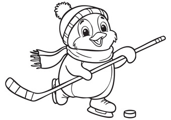 A1 ISO EPS Vector Kids Coloring Page, Horizontal Winter Scene with a Running Penguin Playing Ice Hockey on Skates, Hat and Scarf Outfit, Energetic Line Art Illustration