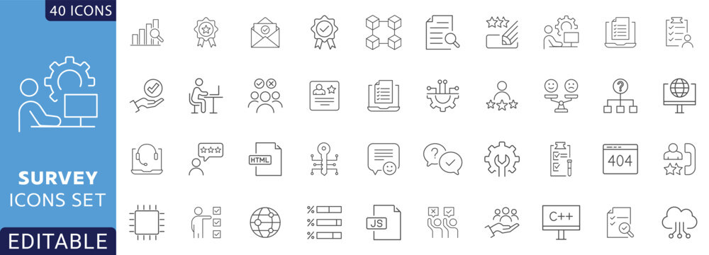 Survey line icon set. Containing opinions, feedback, exam, poll, review, satisfaction, questionnaire, and more. Fully Editable. Vector illustration.