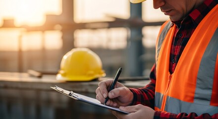 Construction worker wearing safety vest and writing on clipboard at construction site during sunset with hard hat in background for safety and project management