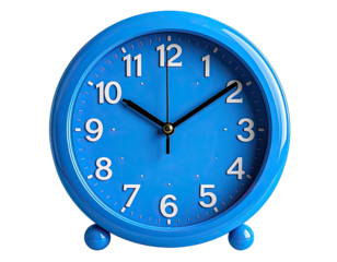 A vibrant blue analog clock showing ten past two against a black background