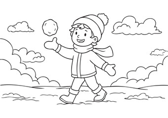Child Playing with a Snowball in Winter Weather, Dressed in Coat Gloves Boots and Beanie, Cozy Outdoor Kids Coloring Book Scene, Clean Line Art Illustration, Printable EPS Vector, ISO A1