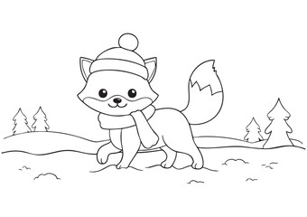 Horizontal Coloring Page of a Cute Fox Walking on Snow Wearing Hat and Scarf, Winter Animal Kids Coloring Book Illustration, Festive Line Art Design, Printable EPS Vector, ISO A1
