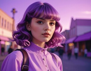 Young woman with purple hair standing on a street.