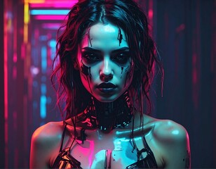 Cyberpunk female portrait with neon lights and dark makeup.