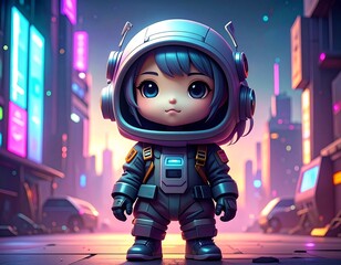 Cute cartoon child astronaut in futuristic cityscape with neon lights.