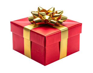 Shiny red gift box with gold ribbon and bow, on black background