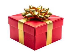 Shiny red gift box with gold ribbon and bow, on black background