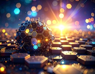 Futuristic digital sphere with glowing hexagons and circuit boards.