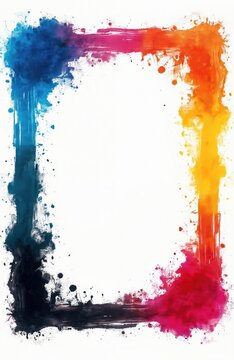 Abstract colorful paint splash frame with CMYK ink effect. Textured watercolor art borders on white background. Modern grunge graphic design element for posters invitations flyers cards.